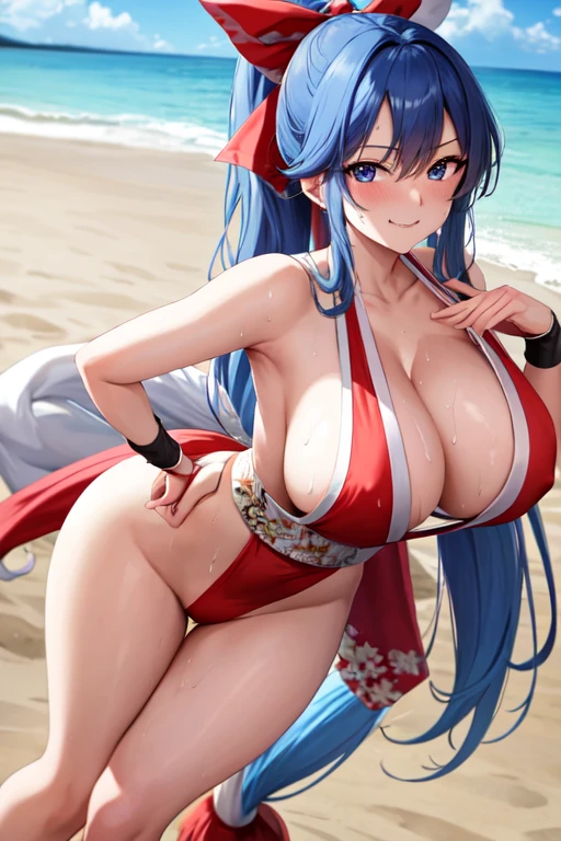 masterpiece, best quality, beautiful art, high resolution, well formed hands, body and fingers, 1 woman, solo, long blue  hair, blue eyes, blue makeup, blue lipstick,adult, grown up,  cosplaying as Mai Shiranui , mai_shiranui_cosplay, adult, blue sexy Japanese clothes, large and big breasted, cleavage, full body picture, hair ribbon, holding fans on her hands, gorgeous legs and, thighs, sexy Japanese clothes, hair ornament , sexy and bare legs , hips and thighs, panties peek, dancing seductively and erotically, turning backwards and forwards, showing her back and front, shaking her body alluringly, red t back thong, smiling joyfully, sweating ,looking at the viewer, bouncing breasts, sweating, flirting, biting her lips, beach environment dancing seductively and erotically, twirling around, , shaking her body alluringly, smiling joyfully, looking at the viewer, sweating , flirting, beach environment 