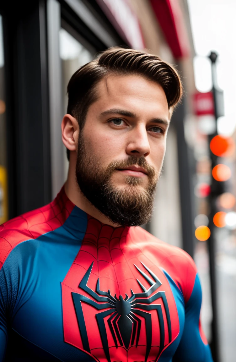 1man, A medium shot of a charismatic male fitness model, 30 years old，small beard, Sexy and charming expression，gloomy eyes，Blue eyes, casually posing outside bodega, new york city, looking up, wearing a spider-man costume, nomask, nomask, heroic, smirk