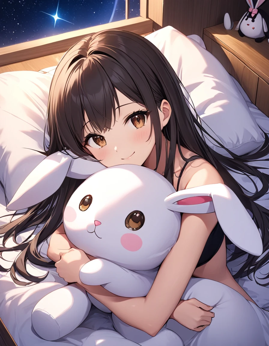 4k, bestquality, detailed, detailed scenery, detailed eyes, 1Girl, cute, adorable, straight hair, long hair, black hair, brown eyes, cleavage, smiling, looking at the camera, Bedroom, night, Starry Sky, tube top, lying on bed, (on back:1.3), (put head on pillow:1.3), (hugging a Large fancy Stuffed rabbit:1.5), from above