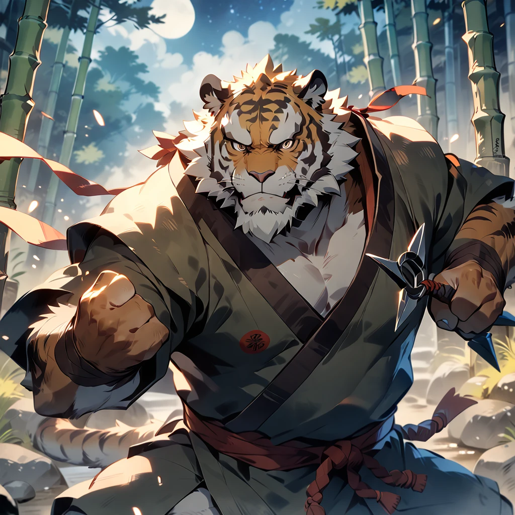 masterpiece, best quality, very aesthetic, absurdres, super fine illustration, BREAK [face:full body:10], looking away, dynamic angle, ninja, plump middle-aged tiger man, fluffy body, tail, brown eyes, beautiful beard, male face, big face, square jawline, male eyes, sharp eyes, big eyes, male eyebrows, innocent look, BREAK  dynamic, throwing shuriken, fighting pose, BREAK [simple background::12], starry sky, kyoto, bamboo forest, path, outdoor,  