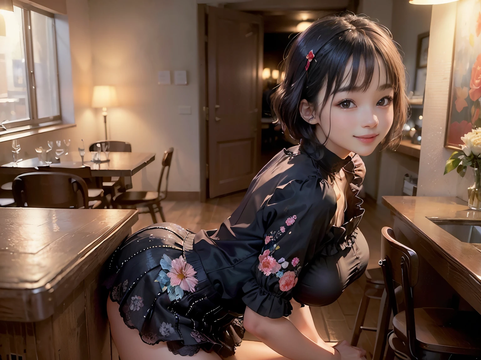 (Highest quality:1.5), (Genuine:1.5), (1 person:1.5), (Very detailed), (High resolution), 8K, (Slightly small chest), Natural color lip, Cute Smile, Japanese women, 20-year-old girl, (Perfect and beautiful face), (Big eyes), (Beautiful and cute face), (beautiful balanced eyes), Beautiful double eyelids, Perfect and beautiful face, thin arched eyebrows, Slim face, (The body is slim), Beautiful thin nose, Beautiful Skin, (medium Bob Hair), Bob Hair, Natural Bangs, Fair skin, (With a cute look), (Bright lighting), Front lighting, (Facial lighting), Dark blue eyes, Slim waistline, Slim and beautiful legs, (wearing a one-piece dress with a micro mini skirt), Beautiful and slim thighs, dining room, (Sit at a fine dining table), Beautiful breasts, Type I Valley, Beautiful breastsの谷間, a large window dining room, (Cute Panties), {Showing panties}, Sexy pose, Shoot from below, (Cute lace panties), Sexy Dress, (Sexy Tassel Dudu:1.5)