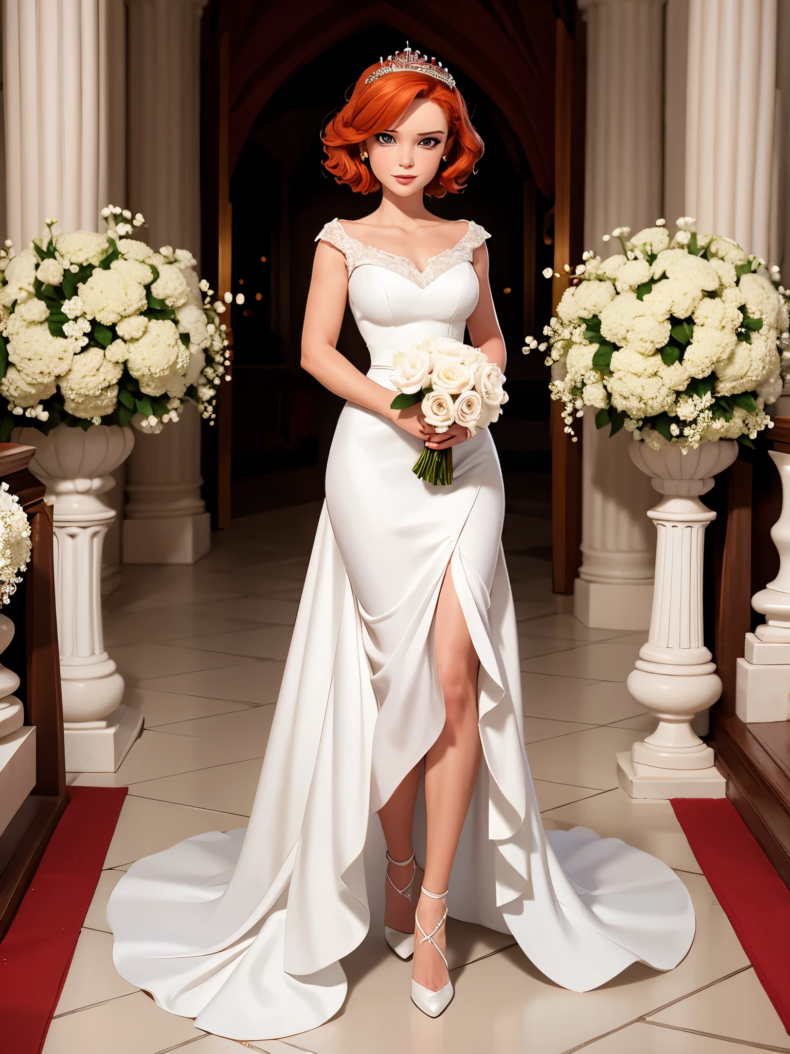 woman with red hair with curlers, wearing a white dress and high heels. posing sensual. pin up style