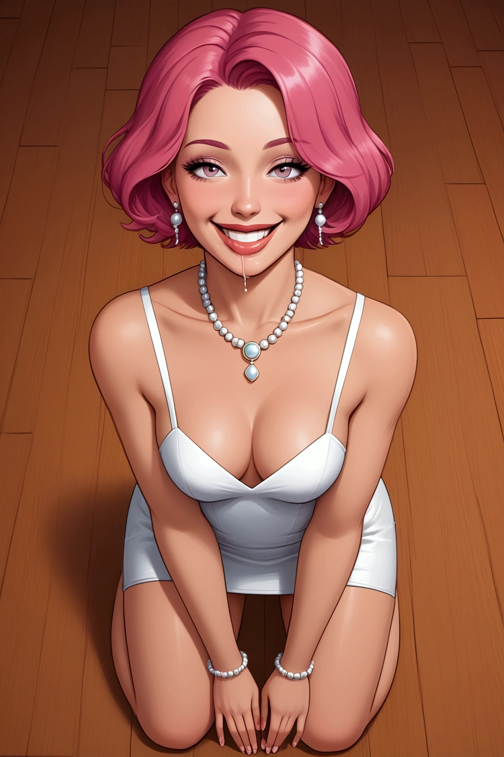 a beautiful young woman, (mouth very wide open and smiling), short pink hair, eyes  wide Open, wearing very short dress, kneeling on hardwood floor, viewed from above, tounge Out, drooling, feucht nass