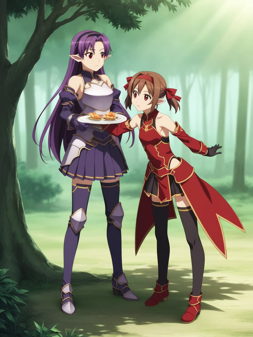 2 girls, 1 futa, 1 female, silicabase, brown hair, short twin tails, red eyes, armor, pleated skirt, thigh-highs, bare shoulders, breastplate, hair ribbon, red clothing
BREAK
standing, outdoors, dense forest, dappled sunlight, depth of field, cinematic, game cg, anime screencap, official art, masterpiece, best quality
yuukibase, purple hair, long hair, red eyes, pointy ears, hairband, armor, breastplate, detached sleeves, leotard, purple skirt, bare shoulders, gloves,
BREAK, full body shot, hugging, looking into each other eyes, 
