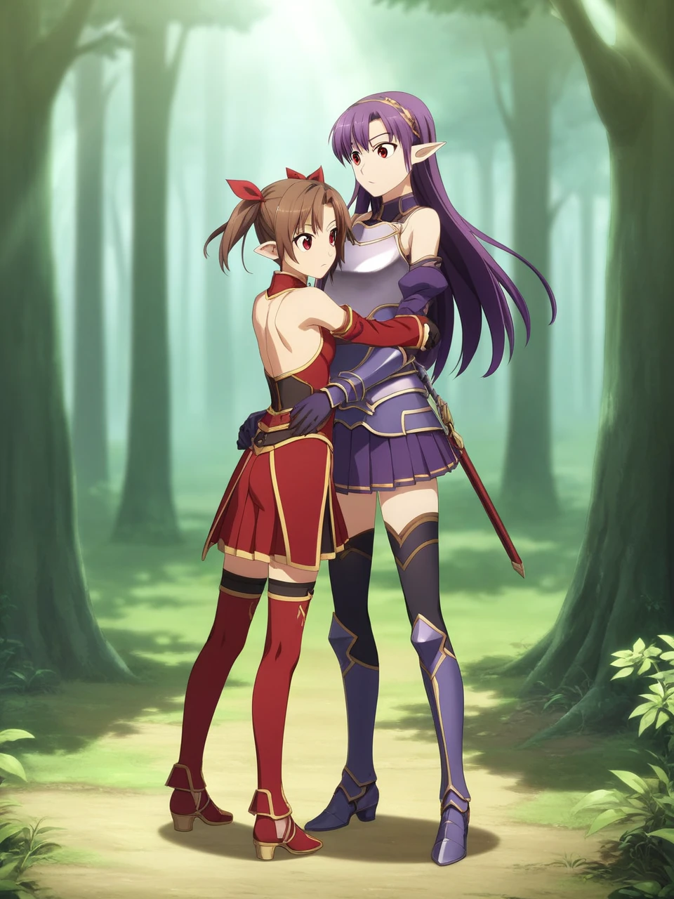 2 girls, 1 futa, 1 female, silicabase, brown hair, short twin tails, red eyes, armor, pleated skirt, thigh-highs, bare shoulders, breastplate, hair ribbon, red clothing
BREAK
standing, outdoors, dense forest, dappled sunlight, depth of field, cinematic, game cg, anime screencap, official art, masterpiece, best quality
yuukibase, purple hair, long hair, red eyes, pointy ears, hairband, armor, breastplate, detached sleeves, leotard, purple skirt, bare shoulders, gloves,
BREAK, full body shot, hugging, looking into each other eyes, 
