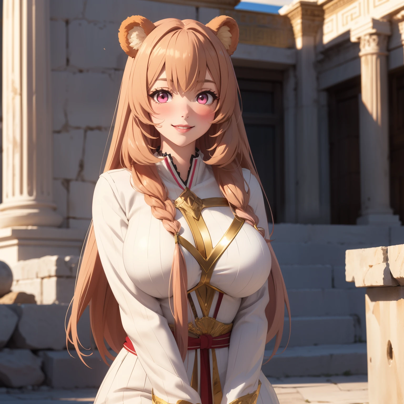 Raphtalia woman 20 years old , Blonde hair, Pink eyes, smile,  blush, bear ears,  bronzed skin, big breasts,  Greek white suit, a solemn atmosphere, ancient temple, white and gold greek goddess costume, gold accessories,
