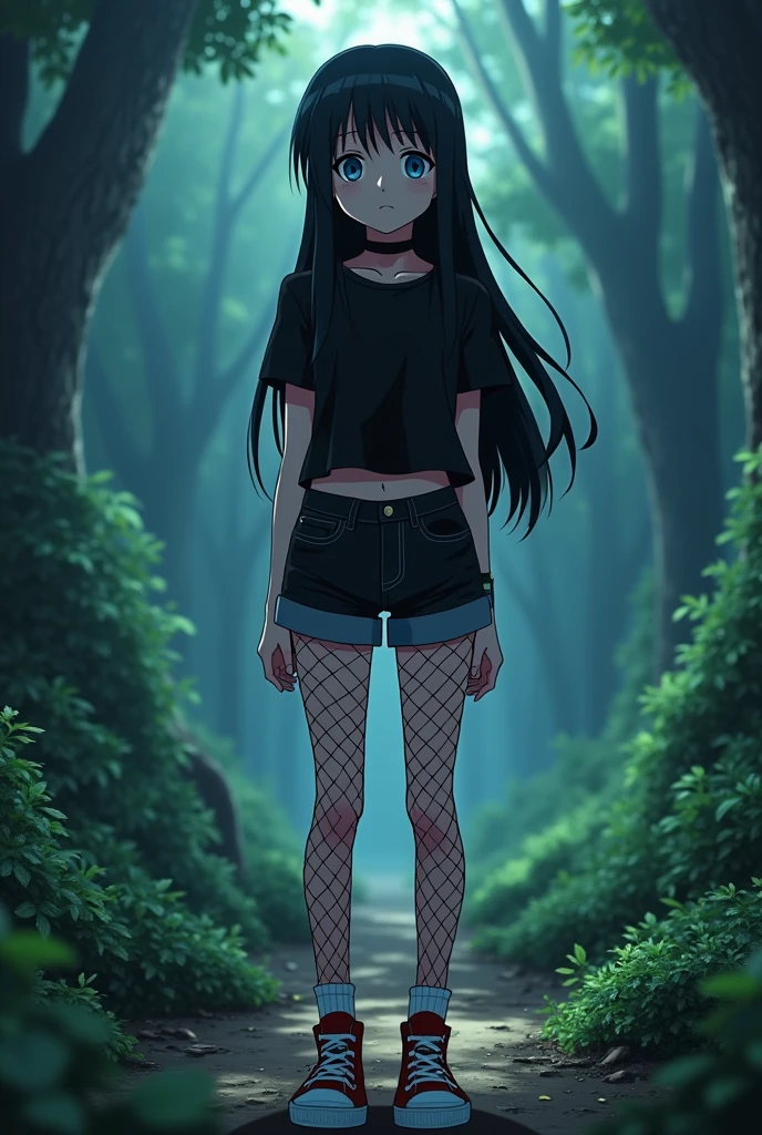 girl in a short skirt sitting in the forest in stockings, topic, dark atmosphere, glowing eyes, green eyes, black hair, Bloom effect, VHS, short T-shirt, big thighs, glare, black clothes, night, hentai, nsfw, focus on face, big breasts, beautiful body, top, eye contact, half naked body, blur, high quality, anime style, 1 girl, monochrome, masterpiece, aesthetics, dark forest park, punk