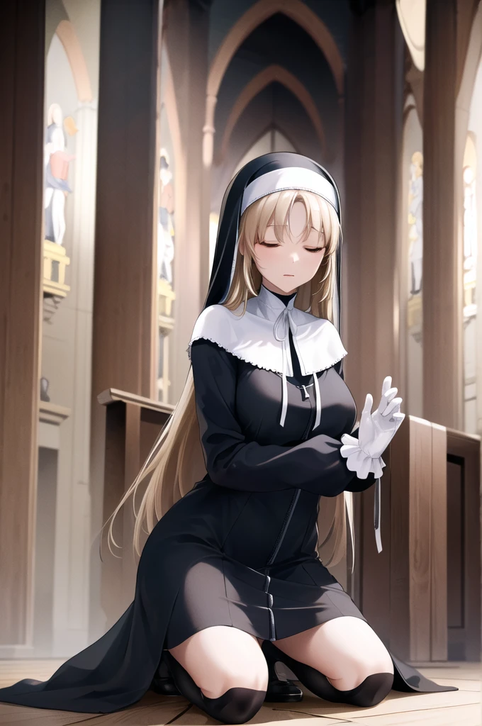 masterpiece, Best Quality, High resolution, Clear 1, One girl, Sister Claire, White capelet, Full-length zipper, Nuns, Long Hair, White gloves, habit, Knee-high, black socks long sleeves, Black Dress, Large Breasts, Parted bangs, Long Dress, ribbon, Light Brown Hair, very Long Hair, Blonde, church, Close your eyes, pray, Kneel, With your own hands,