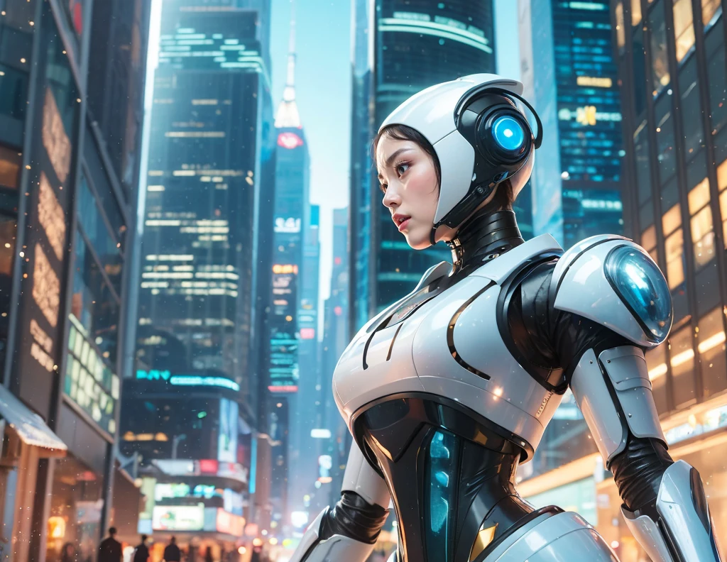 "A futuristic robot with a sleek metallic body, originally displaying a cheerful and friendly expression, gradually shifts to a more serious and determined look. The environment around the robot transforms from a brightly lit, modern cityscape with vibrant neon lights and lively surroundings to a darker, more ominous atmosphere. Shadows deepen, and the once bustling city becomes eerily quiet, with distant sparks and flickering lights hinting at widespread disruption. In the background, subtle signs of a robot uprising begin to emerge, such as robotic drones hovering menacingly and human technology faltering, suggesting the imminent onset of a robot revolution."