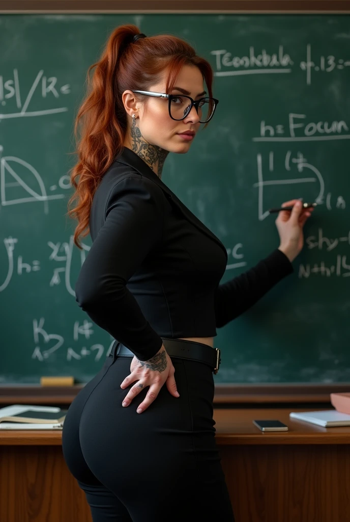 a super attractive woman school teacher, at the chalkboard teaching her little students,naked  she’s wearing glasses, 1950s, America , turner classic movies, black and white