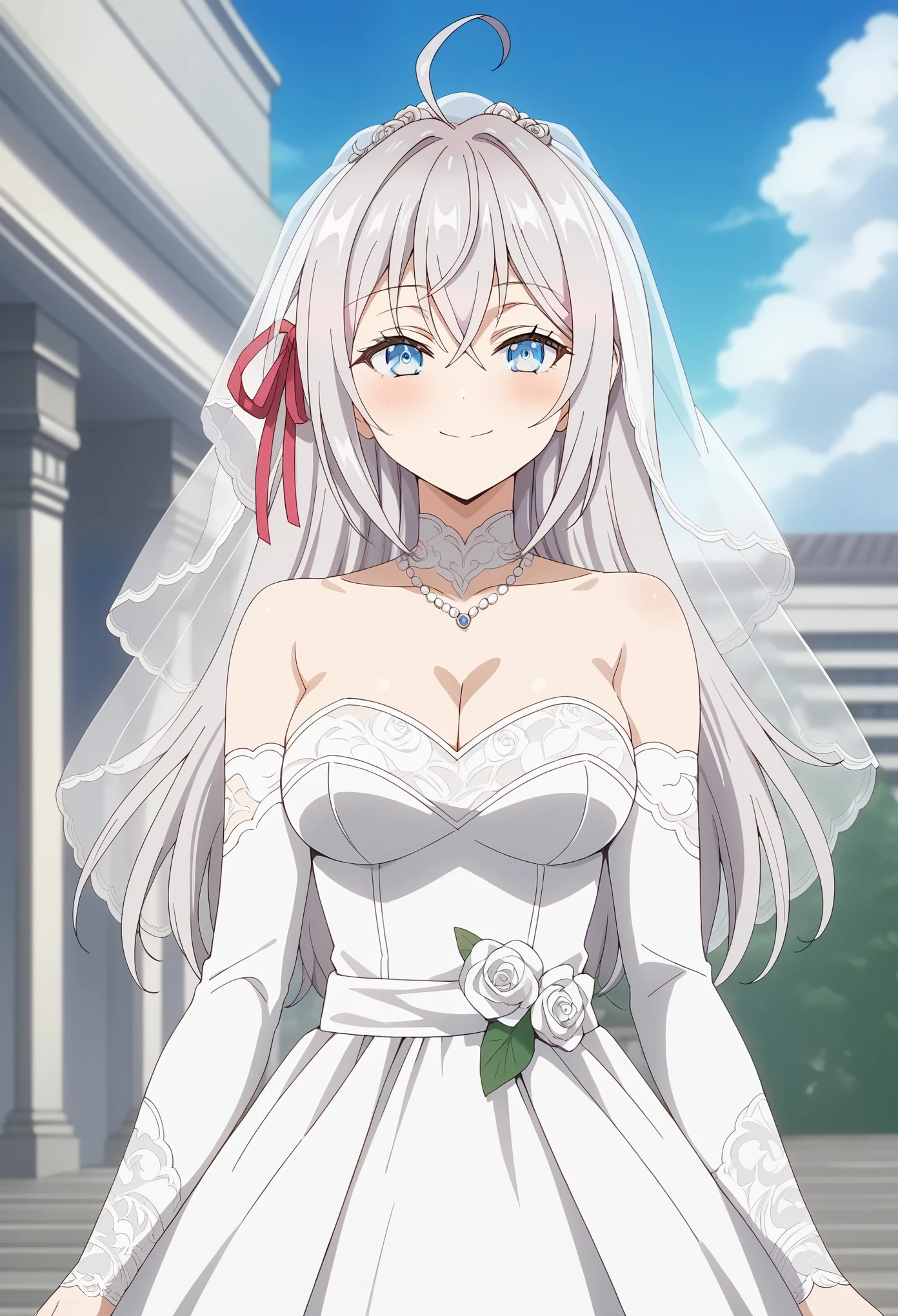 score_9, score_8_up, score_7_up, score_6_up, source_anime, BREAK, 1girl, source_anime, alya, long hair, silver hair, ahoge, crossed bangs, hair ribbon, sidelocks, blue eyes, smile, looking at viewer, wedding dress, wedding veil, off shoulder, cleavage, smile, wedding ring, outdoor, sky, standing, cowboy shot, smile, mediumbreasts, anime screencrap, jewelry, blushing