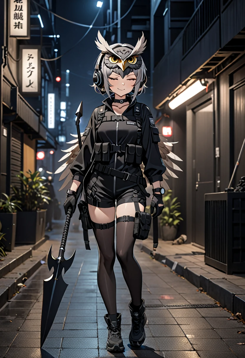 8K Ultra High-Quality, ultra-detailed, High quality, Grey hair, short hair, closed eyes, Headset, mask, owl feathers headpiece, Black Tactical clothes, black gloves, Military clothes, black bodysuit, black shorts, body harness, holding a spear, smug, Looking at viewer, choker, full body, side view, night time