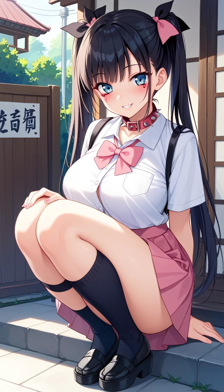 (8K、Highest image quality、highest quality、masterpiece)、detailed face、((1 ))、braid black hair、long hair、blunt bangs、red eyes、evil smile、((grin))、((small breasts))、((see through Colored camisole))、red school bag,minimum skirt、((black pleated skirt))、((micro skirt lift)、cowboy shot、((in the outdoor background)),((see through)),((nipples)),((nipples visible)),((squatting)),((spread legs)),((wet)),((show off erectile penis)),((((futanari girl)))),(((futanari loli))),(futa loli girl),hand to penis,grab the penis,hand to penis,touch the penis,tekoki,Exposure,cum,penis into hand,hand to the penis,grab penis,Handjob,cum,semen,sperm,bukkake,cum on face,((penis ejaculates semen)),(((ejaculates semen))),school backpack,(((cumming on face))),((cum on face)),(Futanari),(masturbation),(((futanari masturbation))),