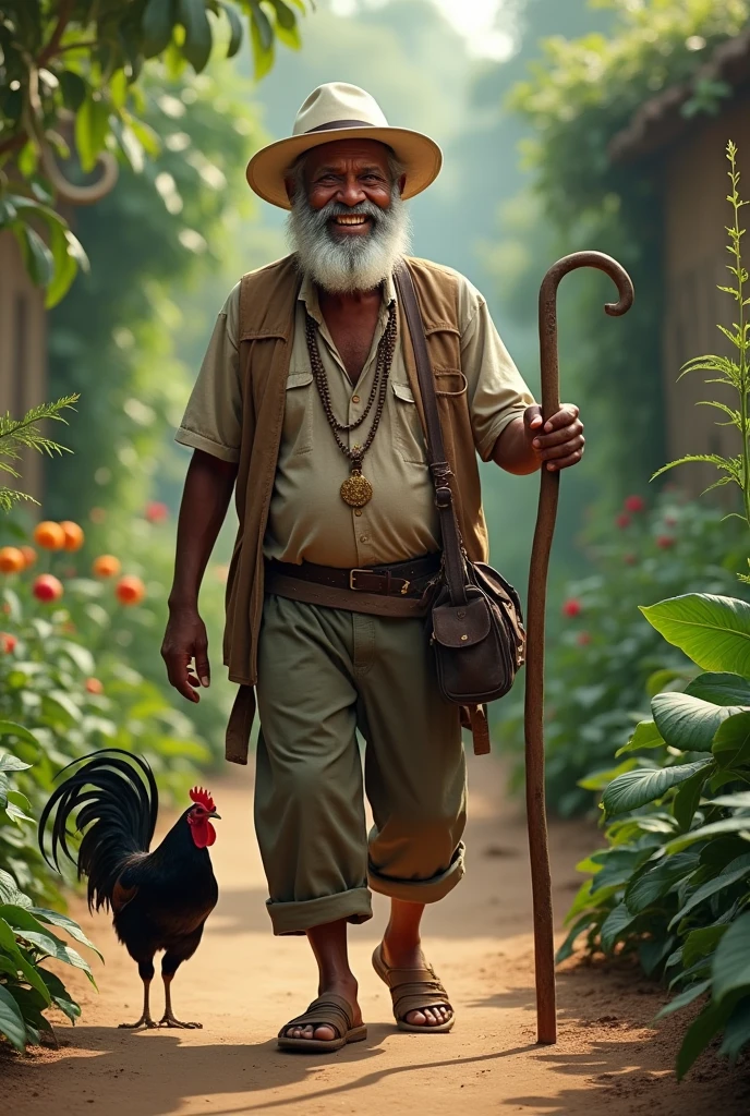A 75 year old man from Bahia, wearing brown pants and a white shirt, barba, White hat, walking stick and smoking a pipe, rosary around the neck, in the background a wooden house and many medicinal herbs