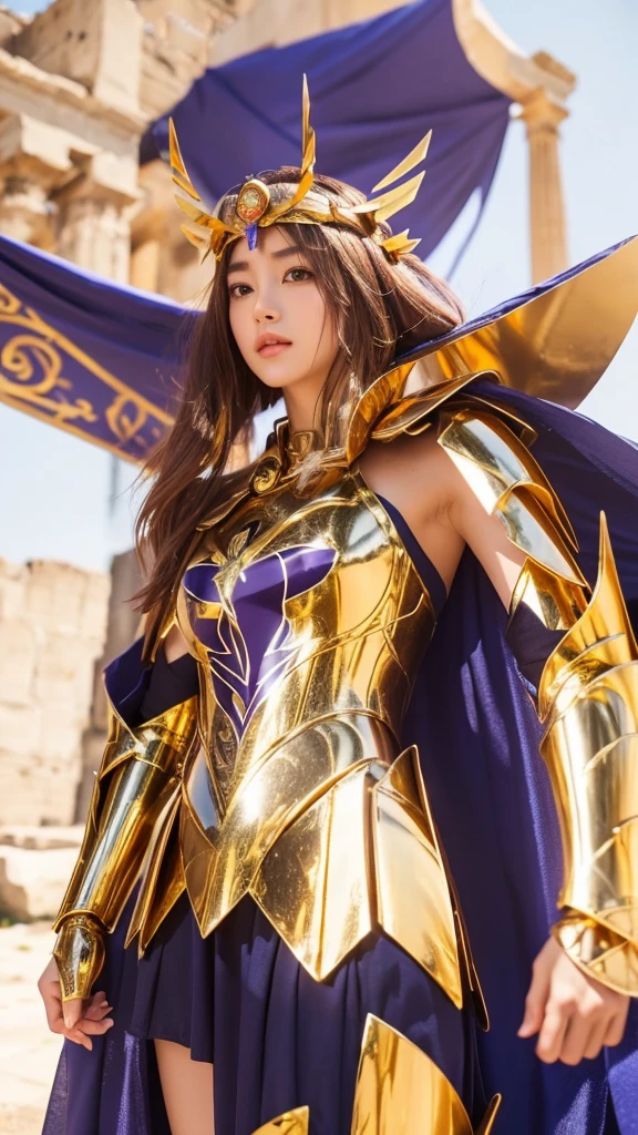 ((1woman))) Beautiful Korean girl, Ultra-realistic photoshoot with cutting-edge details by Camus, Greek ruins backdrop. Shiny golden metal armor, saint seiya armor, (((Cancer armor))), sexy armor, Short skirt, Show your waist, Show your long leg, Long purple hair, Lively pose, Beautiful, symmetrical light brown eyes with details, Beautiful face with details, walking at the Ancient Greek, Ancient Greek, uhd, 8k, 