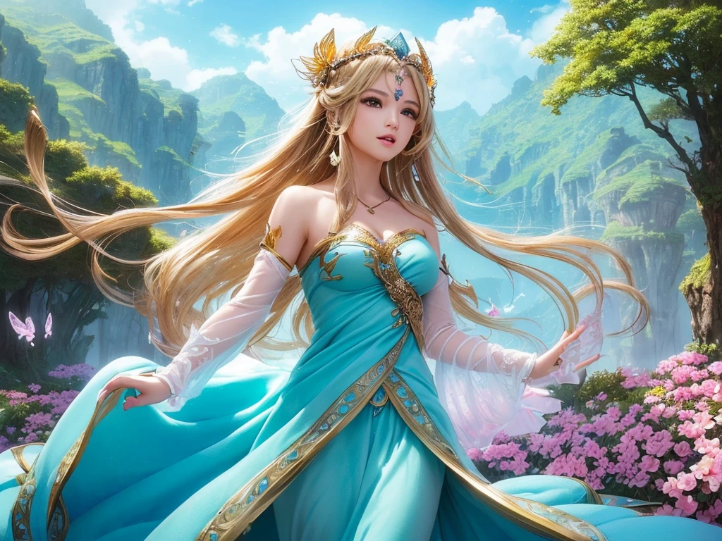 A graceful elf girl stands in a meadow, her delicate features illuminated by the soft light of the setting sun. Her long, flowing hair cascades down her back, adorned with intricate braids and adorned with sparkling jewels. This stunning painting captures the ethereal beauty of elves. Her slender figure in a silk dress sways in the soft meadow breeze. The artist's attention to detail is evident in the intricate patterns of her dress and the subtle highlights of her luminescence. skin. This breathtaking depiction of an elf girl exudes a sense of enchantment and transports the viewer to a magical world. The beautiful elf magician is awe-inspiring as she holds a magician's staff, uses fireball magic, and is about to defeat the Demon King with explosion magic., If you pull up your skirt, you can see your see-through panties and it will be embarrassing., (A superb exquisite Asuna Yuuki),(Asuna Yuuki:1.5), long hair, brown hair, streaked hair, brown eyes, star-shaped pupils, straight bangs, solo, nature, extremely delicate, straight facial features, peerless beautiful girl, soft, (sensual face), ((ecchi face)), dreamy quality, exaggerated facial features, solid color, frank holly, delicate face, bright lips, slender waist, soft curves, real light and shadow, super fine, 4k, natural moving, Ultra high resolution, (masterpiece:1.2, best quality), (finely detailed beautiful eyes: 1.2), (beautiful detailed face),Medium chest, slender body,Sexy , see-through brassiere and panties,