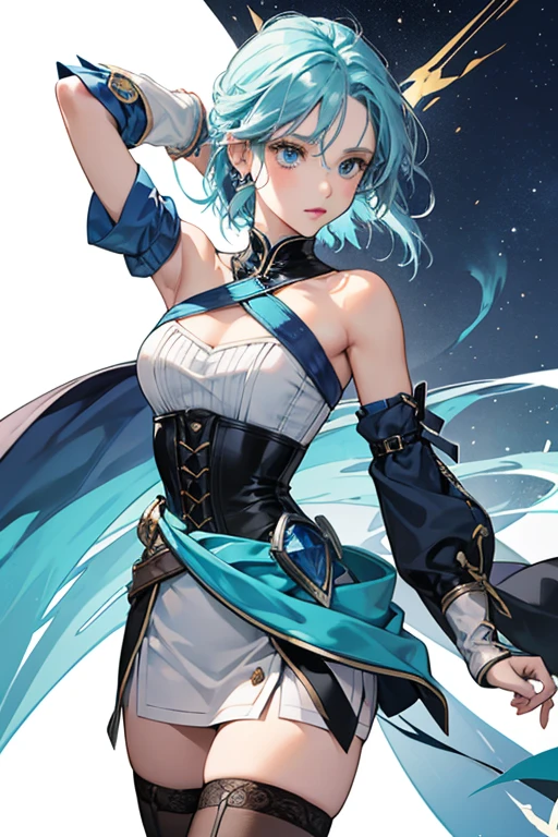 （White skirt），（（（Wearing a small black hat）））Forrina, Surrealism, 8K, Super Detail, Hydraulic Archon, permanent, Naughty face, smug, beautiful eyes, masterpiece, high resolution, 8K, Anime woman, The writing is delicate and meticulous 、Detailed digital illustration、(((Genshin Impact))、Shiny hair、A very beautiful woman、High image quality, high quality、Detailed background、The inside of the eye sparkles like a diamond、(((Blue Hair)))、(((Scan your fringe)))、Gradient pupil、(((2 arms、4 fingers, 1 thumb)))、Detailed female face、A very beautiful woman、、Detailed background、​masterpiece、Soft Focus , Bright gradient watercolor , lens flare , (((flash))) , glow , excellent ,、((Very beautiful light blue rose hair accessories)), Swimsuit,Beach Background,Standing in water swimming
