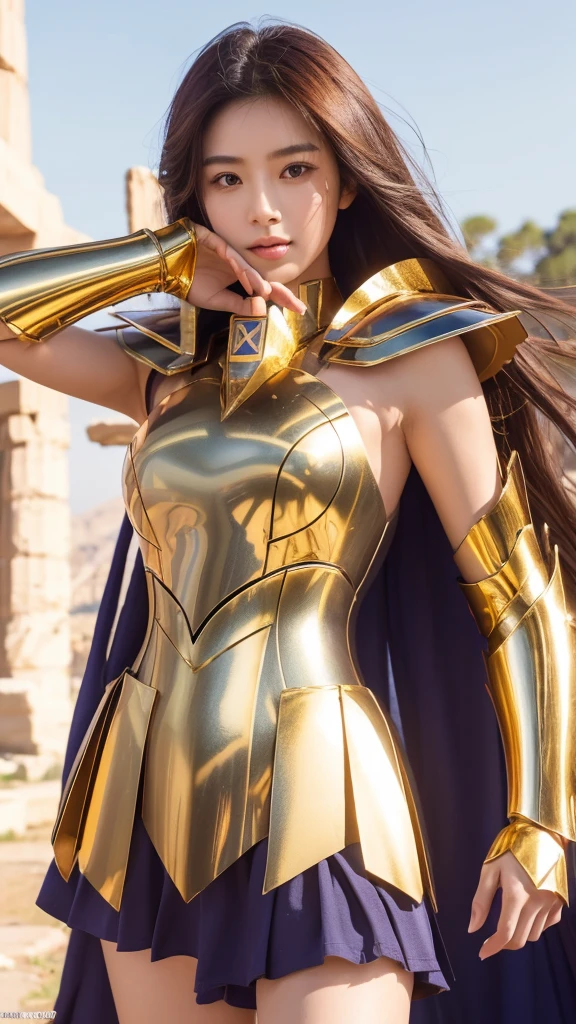 ((1woman))) Beautiful Korean girl, Ultra-realistic photoshoot with cutting-edge details by Camus, Greek ruins backdrop. Shiny golden metal armor, saint seiya armor, (((Cancer armor))), sexy armor, Short skirt, Show your waist, Show your long leg, Long purple hair, Lively pose, Beautiful, symmetrical light brown eyes with details, Beautiful face with details, walking at the Ancient Greek, Ancient Greek, uhd, 8k, 