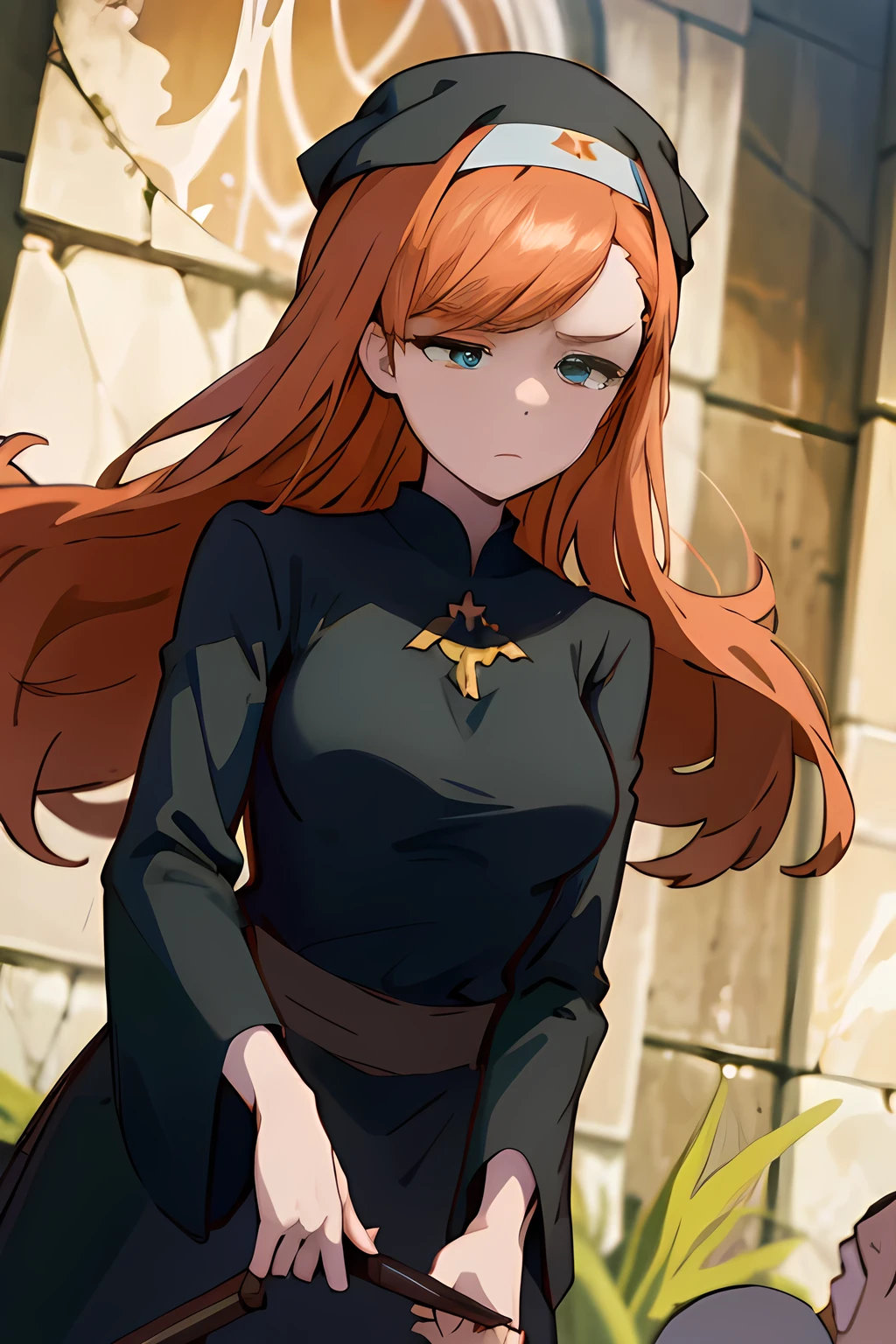 1girl, Priestess, orange hair, long hair, emerald eyes, rage, fury face, frown, church background, hd, high quality, high resolution, beautiful eyes, medium breast, stand