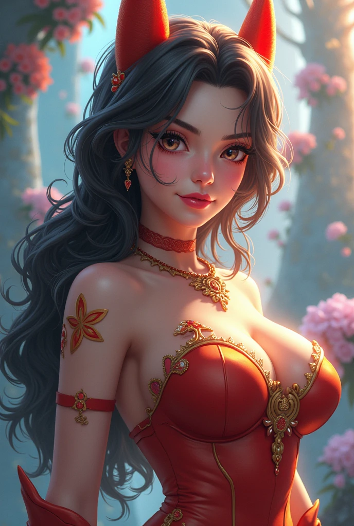 (masterpiece),(best quality:1.0), (ultra highres:1.0), detailed illustration, 8k, anime, 1girl, beautiful girl, in a sari, wearing a red sari, pretty pose, pretty face, detailed face, beautiful eyes, dark red eyes, detailed eyes, red lips, red lipstick, slightly brown hair, wear big black ful size bra, pink flower on ear, highlights in hair, standing, red flowers on a tree in the back, open sky with clouds, detailed, intricate, anime style, highly detailed