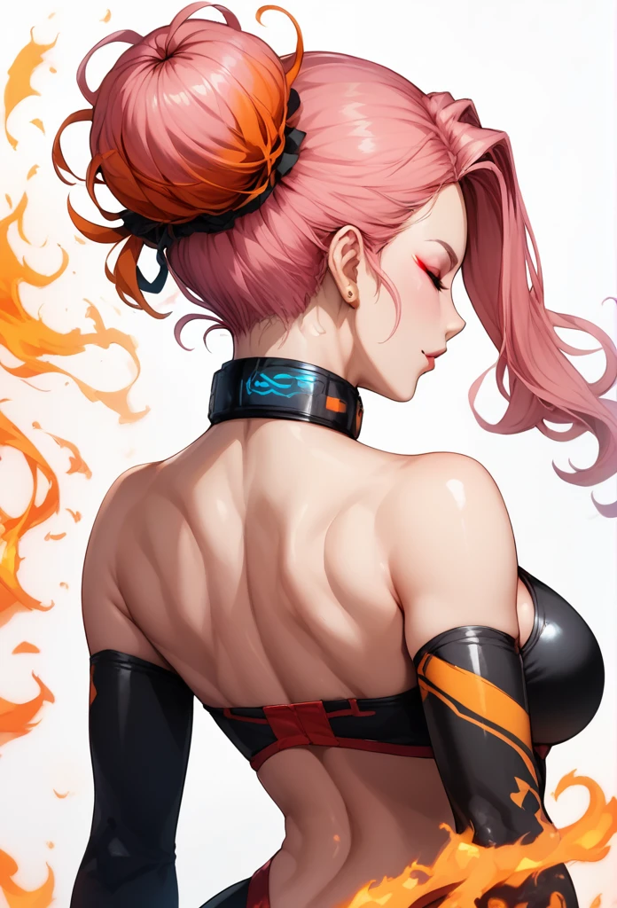 Score_9, score_8_up, score_7_up, 1girl, back, pink hair, messy bun, loose strands, pale skin, smooth skin, soft shadows, curves, red fabric, flowing fabric, fire effect, orange highlights, glowing tattoo, magical symbols, energy, fantasy, power, bare back, red ribbons, metallic collar, vulnerable, strong posture, sensual, vibrant colors, contrast, white background, futuristic, magical, ethereal, delicate, subtle movement, simple shapes, bright colors