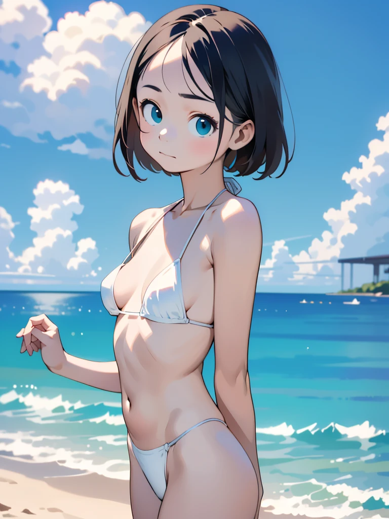 (12years old:1.4),(Very Young Face), (japan Person femes idol), (1girl), (Solo), (white micro bikini style:1.4), Stroll along the seaside, sunshine, (masterpiece:1.0),(best_quality:1.0), ultra high res,4K,ultra-detailed, photography, 8K, HDR, highres, (perfect anatomy:1.2),(Beauty of form:1.4) Golden ratio, big eye,