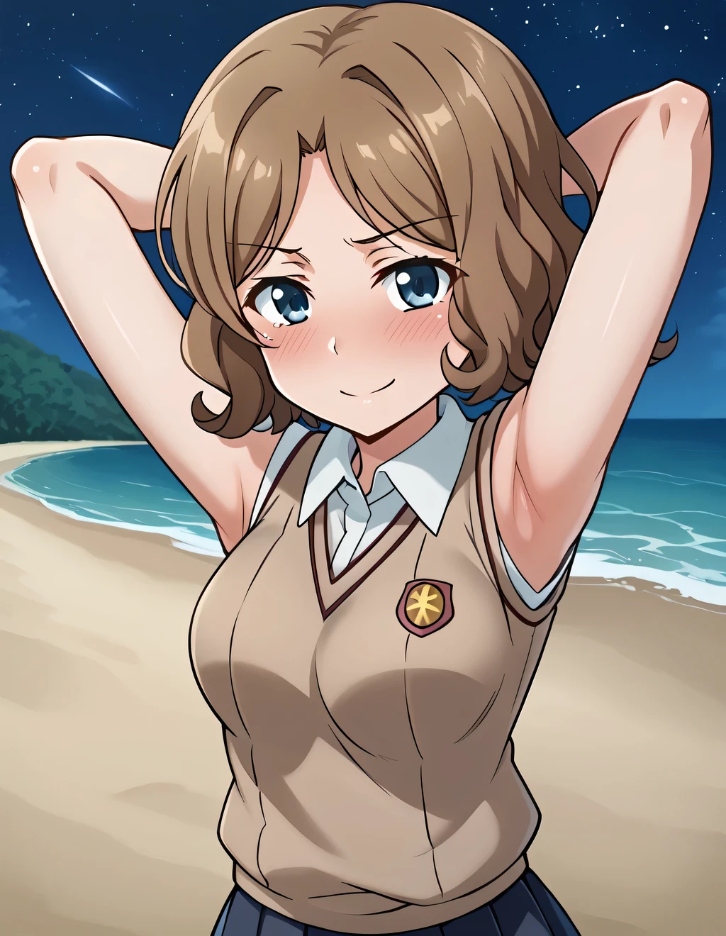 wannai kinuho, light-brown hair, short hair, parted bangs, wavy hair, blue-grey eyes, medium breasts, brown sweater vest, pleated skirt, short sleeves, high quality, solo, shy, blushing, 1girl, night sky, beach, arms behind head, {contrapposto}, closed mouth, spread armpits, cowboy shot, looking at viewer, smile, best quality