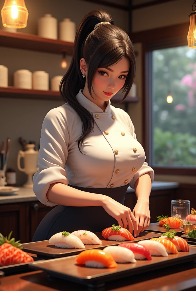 24-year-old woman、Long eyelashes、Indigo Hair、Asymmetrical wave、Vivid Chinese style decorated cheongsam、Exposed thighs、Red Pin Heels、Chinese restaurant interior