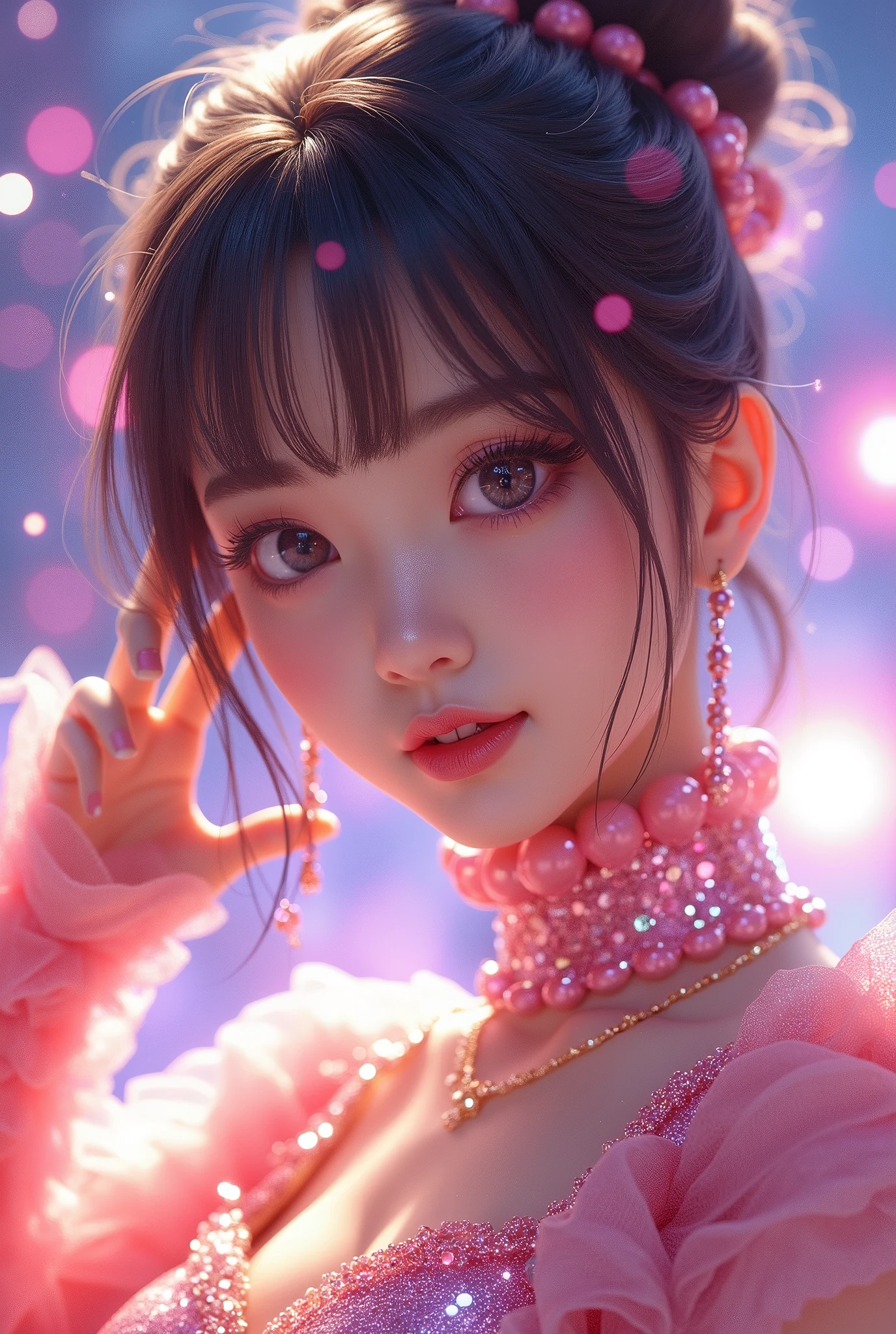 Highest quality, masterpiece, Ultra-high resolution, Realistic, RAW Photos, Intricate details, Portraiture, Perfect contours, break ((whole body:1.5, from side:1.2, Watch the audience:1.2)), (small, short, :1.2), Big beautiful blue eyes, Black Hair、Braided Bob, (make up:1.5, shine lips:1.5, full lips:1.5, pink lips), break ((Top model posing:1.2)), (Firm breasts:1.2, High chest:1.5), (Curvy waist:1.2), Competitive swimmer, (one piece:1.2, turtleneck:1.2, Sleeveless swimwear:1.2, barefoot), (Super Gloss Metallic Pink, glowing:1.5, tight high leg swimsuit:1.2), break (Place your hands above your head:1.5、Arch your back:1.5)、(Smiling Kindly、Close your mouth、Watery eyes:1.5), (Wet Skin), (Beautiful wrinkle-free armpits:1.5), (Empty-handed)、The background is a photography studio