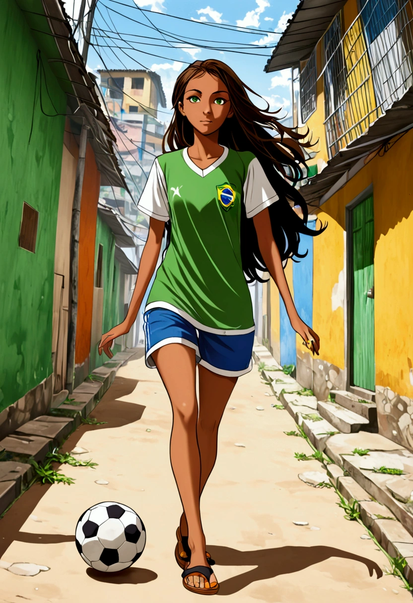 1 tomboy girl playing soccer on the street in the favela where she lives, girl with long hair and green eyes, tanned skin, t-shirt, shorts and flip flops,  Brazilian tomboy, soccer ball, t-shirt de time.