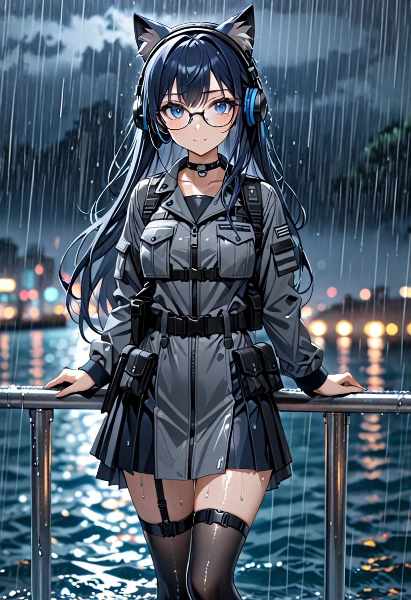 8K Ultra High-Quality, ultra-detailed, High quality, Dark Blue hair, Long hair, Blue eyes, Headset, cat girl, Grey Tactical clothes, Dark grey trimmings, Military clothes, dark blue jacket opened, black skirt, black spandex under clothes, body harness, Looking at viewer, choker, glasses, full body, close up, raining background, soaking wet, nigh time, ocean background, standing on a metal platform