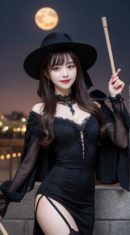 Beautiful Witch woman, with short black hair, Purple eyes, big bust, dressed witch clothes, sitting in a tavern smiling, Realistic, Full HD, Best Quality