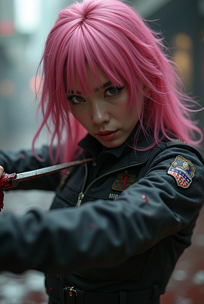 The image depicts a character, a sinister anime character with a cunning yet created aura. She is bloody, holding a knife and feeling deranged, resulting in anxiety and fear. The sight of ten at the same time is sexually exciting. Figure ragged but modern clothes in arcade, casual and street style. despite its dark nature, there is hidden beauty.