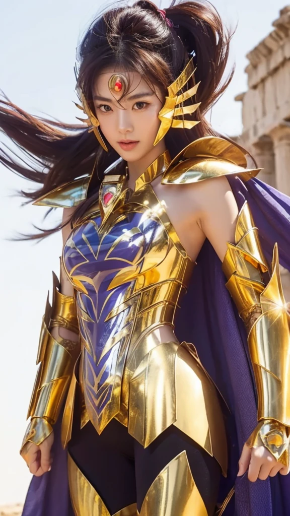 ((1woman))) Beautiful Korean girl, Ultra-realistic photoshoot with cutting-edge details by Camus, Greek ruins backdrop. Shiny golden metal armor, saint seiya armor, (((Cancer armor))), sexy armor, Show your waist, Show your long leg, Long purple hair, Lively pose, Beautiful, symmetrical light brown eyes with details, Beautiful face with details, walking at the Ancient Greek, Ancient Greek, uhd, 8k, 