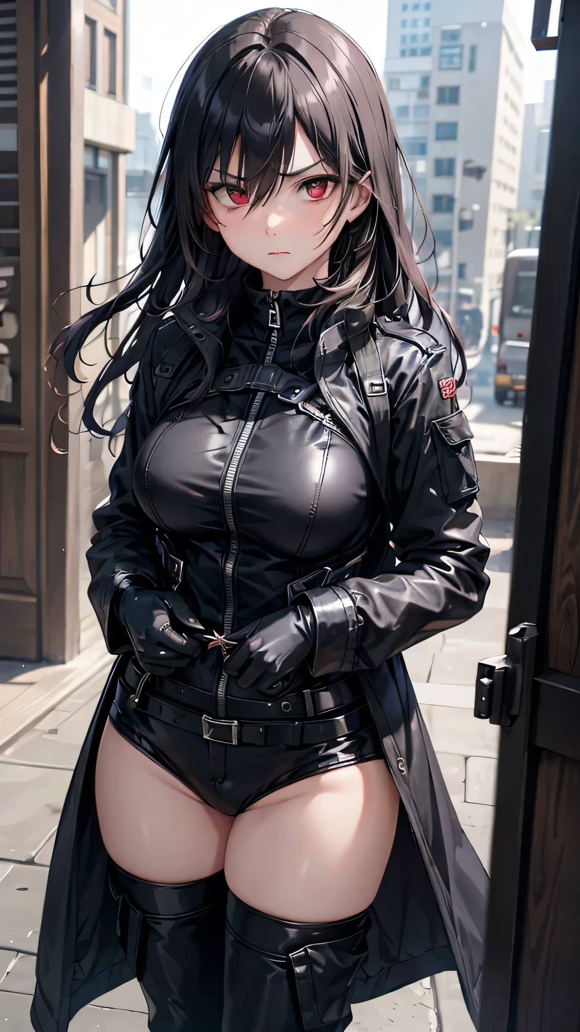 8k resolution,((Best Quality)),Ultra-high resolution,Mature woman, Alone, sexy, (Angry expression), (Deep red eyes), A beautiful, symmetrical face, (Black messy long hair),black tactical coat,Combat Suit,Suit pants,Realistic:1.4,Realistic:1.4,(masterpiece:1.2),Perfect Eyes,Perfect Eyes,Perfect thighs,A warehouse shrouded in darkness,A woman as strong as a mercenary,Six-pack,Black gloves