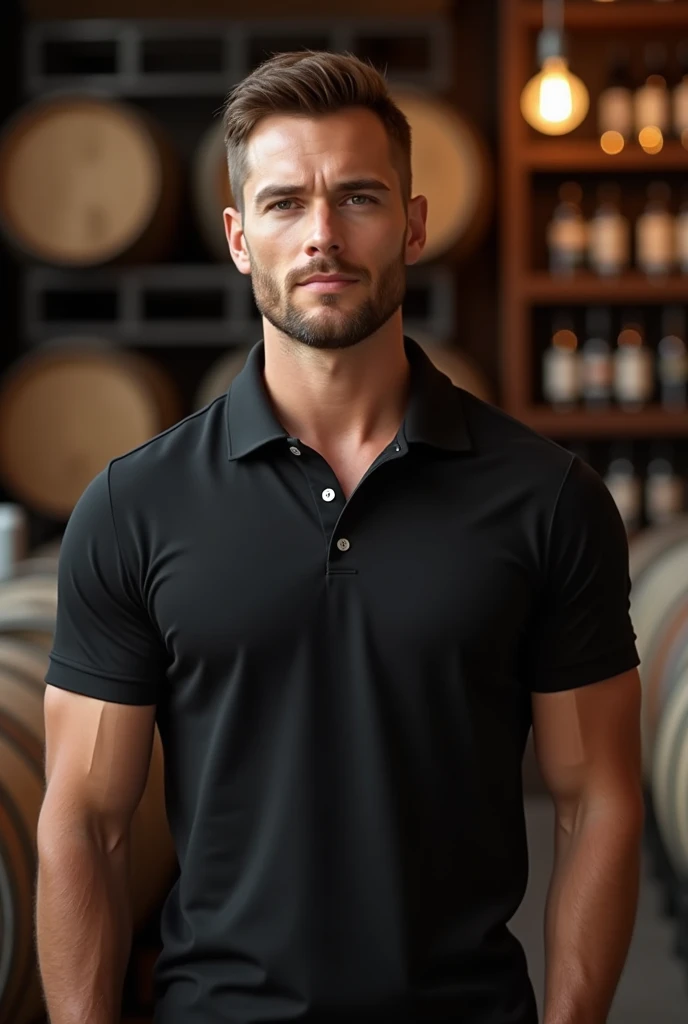 seamus_celeryman, solo, short hair, brown hair, shirt, 1boy, holding, closed mouth, green eyes, upper body, male focus, collared shirt, artist name, cup, black shirt, facial hair, muscular male, holding cup, bara, beard, drinking glass, <lora:seamus_celeryman-20:0.6>,