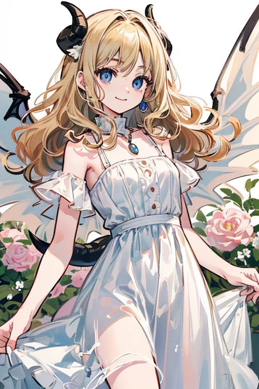 ((Masterpiece:1.5, Best Quality, High Resolution:1.3, Super Resolution, Super Detailed, Ultra Detailed:1.3, Perfect Anatomy:1.5, 1 girl) Pale skin + long wavy blonde hair + jet black eyes + long eyelashes + feminine figure, small chest, wide hips (Simple white dress, necklaces, white horns, tusks, dragon tail and wings) ((Pretty eyes, happy and smiling expression))