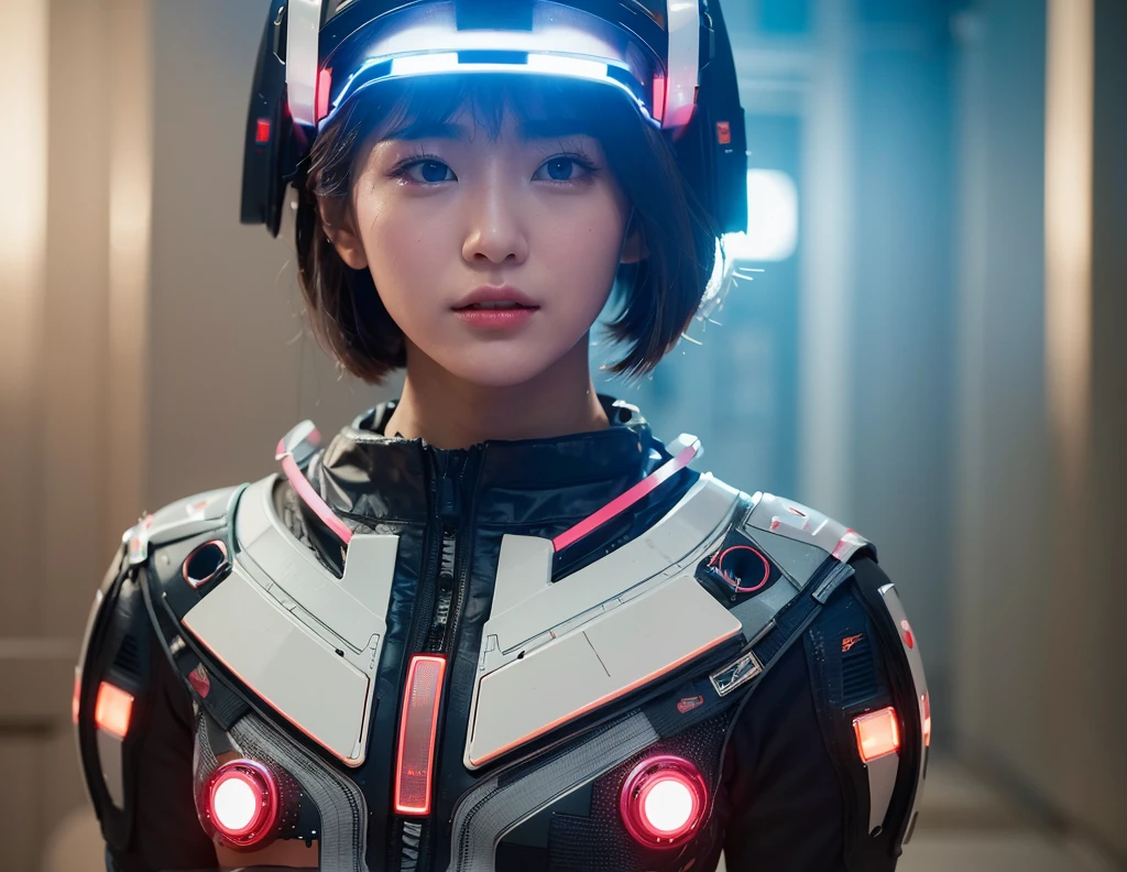 Masterpiece,High image quality,8k,Perfect Face,Perfect body。Futuristic costume、A healthy, flushed android female, 20 years old。Future city skyscrapers。A realistic Hollywood movie live-action drama。