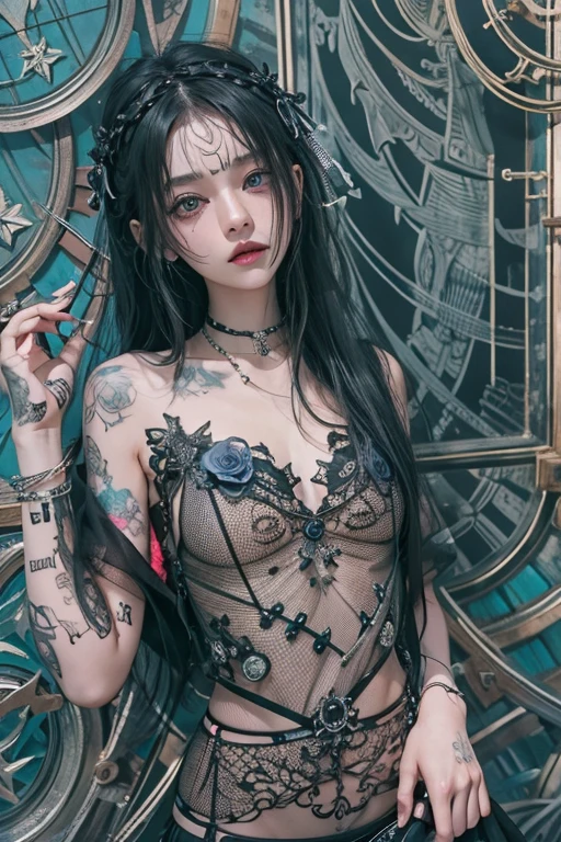 1girl, solo, waist up, from above, (zentangle, mandala, tangle, entangle), (flower blossom:1.2) official art, unity 8k wallpaper, ultra detailed, aesthetic, masterpiece, best quality, photorealistic