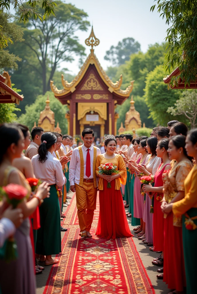 (best quality,4k,8k,highres,masterpiece:1.2),ultra-detailed,(realistic,photorealistic,photo-realistic:1.37),a beautiful Thai woman wearing a traditional Thai wedding dress and a Thai man in traditional groom attire, a joyful wedding ceremony scene, vibrant colors, soft sunlight, blooming flowers, traditional decorations, happy smiling faces, exquisite handcrafted jewelry, intricate embroidery on the wedding dress, a grand outdoor venue with lush greenery, a live band playing traditional Thai music, guests in traditional attire, a festive atmosphere, rich cultural elements, a romantic atmosphere, traditional Thai dance performance, a mix of traditional and modern elements, intricate patterns in the background, a stylish wedding cake, a photographer capturing precious moments, the couple exchanging vows, a Thai wedding ceremony symbolizing love, unity, and tradition.