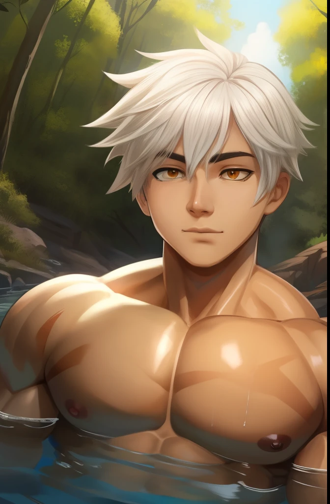 全naked,naked,exposed,blush,muscular,macho,big cock,Pectoral muscle,black hair,Handsome guy,male,sullen,spread legs,big penis,big cock,big penis,brown skin,golden eyes,white hair,wolf ears,white hair.gray hair,all back hair,center parted bangs,Handsome guy,brown skin,dark skin