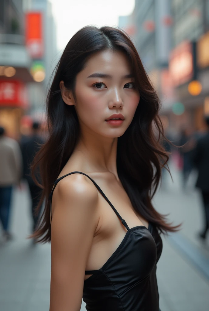 Beautiful girl with wavy long hair, bus villain type body korean girls