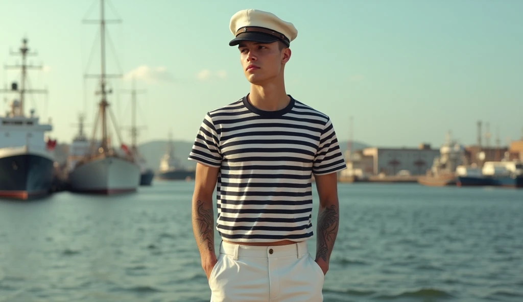 <lora:Michael_West_GV:1>1boy, young man, 21 years old, slender twink, black hair, blue eyes, college student, Masterpiece, photo-realistic, Crystal clear, highly detailed, An incredibly attractive, stunningly handsome (masculine), a very (handsome) handsome, dressed as sailor, <lora:Clothing -  Sailor:0.5>, wearing hat and (striped shirt) and flared white pants, sailor collar, Ralph Lauren, fashion photography, vogue-magazine, nautical background, soft confident expression,