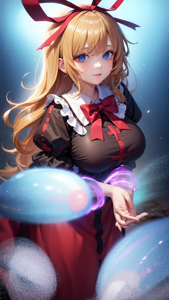 ((huge gigantic breasts)), ((aged up)) ,1girl, medicine_melancholy, blonde_hair,solo, blue_eyes, breasts, ribbon, frills, short_sleeves, red_ribbon, bow, hair_ribbon,puffy_sleeves, red_bow puffy_short_sleeves, bowtie, medium, red_bowtie, short_hair, frilled_sleeves,closed_mouth, shiny, looking_at_viewer, shiny_skin, 1girl,light smile,full body,mature