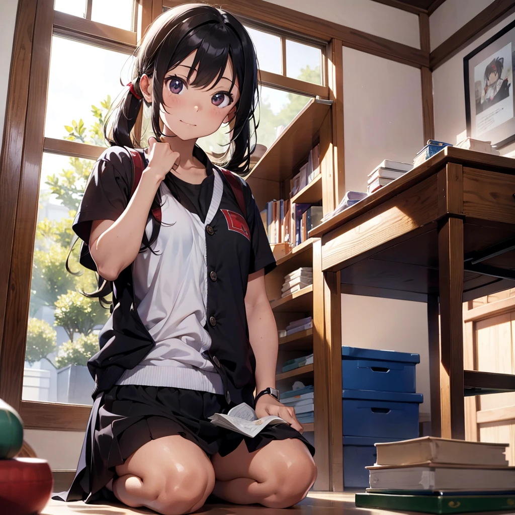 One girl, **-****-**********girl in a Japan sailor suit, black hair, petite, closed eyes, black hair long hair (((((School uniform)))), ((Masterpiece, highest quality, highest quality, official art, beautiful and aesthetic: 1.2), extreme detail, colorful, supreme detail ((ultra-detailed)), (very detailed CG illustration), ((very delicate and beautiful)), cinematic light, devastated city, prayer, looking up at the heavens