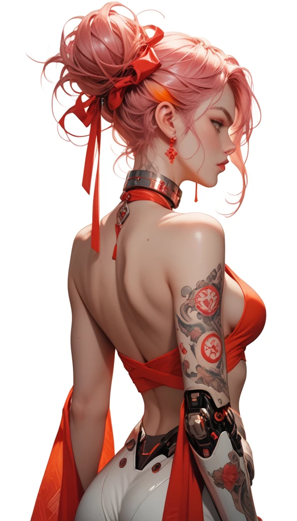 Score_9, score_8_up, score_7_up, 1girl, female, back, pink hair, messy bun, loose strands, pale skin, smooth skin, soft shadows, curves, subtle butt, lower back, red fabric, fabric wrapping around hips, flowing fabric, fire effect, orange highlights, glowing tattoo, magical symbols, energy, fantasy, power, bare back, red ribbons, metallic collar, vulnerable, strong posture, sensual, vibrant colors, contrast, white background, futuristic, magical, ethereal, delicate, subtle movement, simple shapes, bright colors