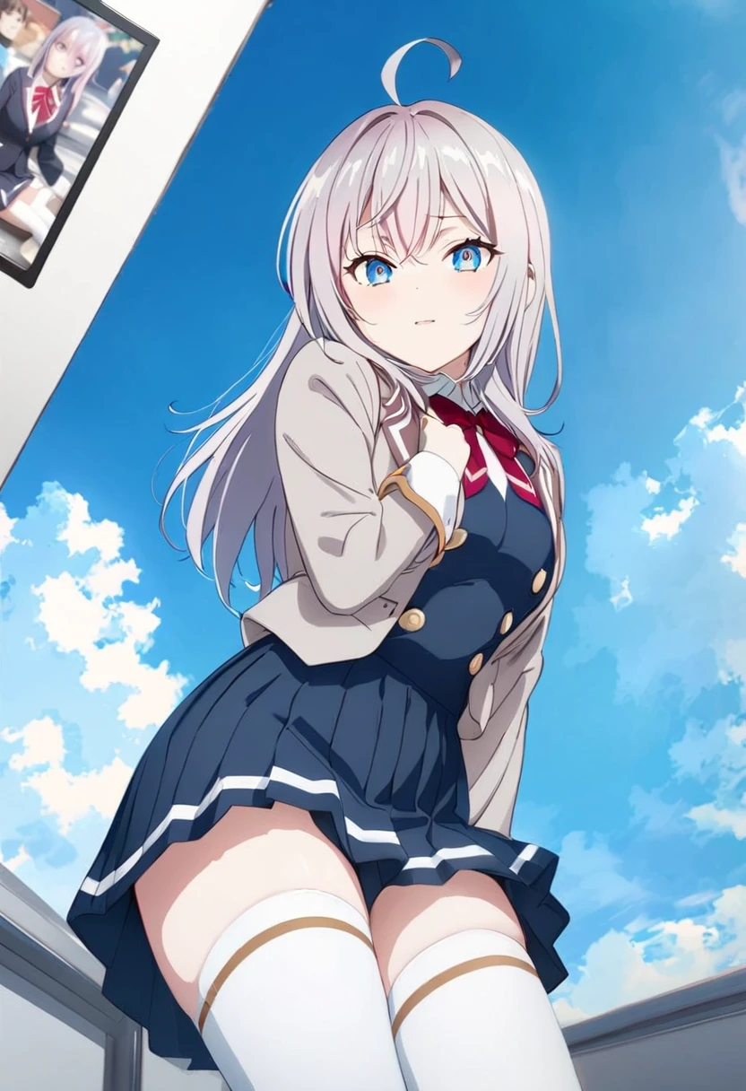 (masterpiece, best quality:1.2), ((Extremely detailed)), high resolution, Anime style , photo, photography, Wearing a school uniform and white stockings, long silver hair, a perfect body, and raising her feet in front of the camera