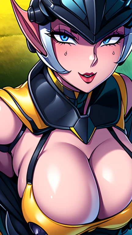 (Viewer discretion advised:1.5),(high quality, Very detailed, 最high quality, Very detailed, beautiful, masterpiece),Realistic image of a mature female bee,(Yulia Bloodstone:1.8,Evil Cyborg Mech Dark Elf Monster Bee Woman Monster),(Realistic upper body).(Evil Bee Dark Elf Yellow Cyborg Mech Monster Rubber Suit:1.5),(Evil Bee Dark Elf Cyborg Mech Monster Helmet:1.5),Bee Shoulder Armor,Bee Armor Suit,(((Super super super super burst milk))),(((Super super super huge cleavage))),((((Huge breasts bigger than her face)))),Bursting Chest,(With the face of a human woman:1.5),(Cure Peach),(Super obscene erect nipples that can be seen even through clothes),(slim thick bimbo:2.0),(:1.5,Heavy makeup:1.5,face close up:1.4),(Facial details,blue eyes),