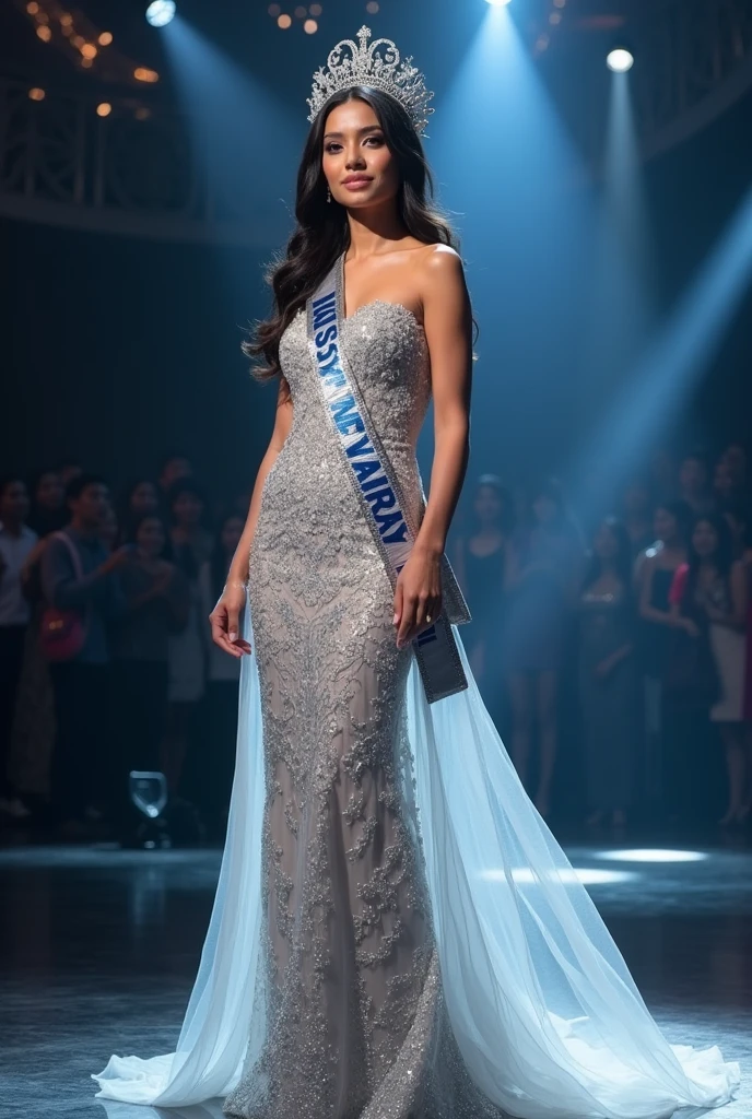 Photoshoot of miss Universe with Silver Evening gown, crown and Sash. Black Background. Slim body