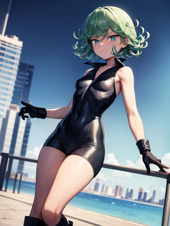 (masterpiece, best quality: 1.2), cowboy shot, solo, 1girl, (tatsumaki), angry, mouth shut, looking at the viewer, arms crossed, black dress, blue sky, clouds, wide hip, thick thighs, defined body, perfect beautiful body, perfect beautiful ass, micro white panties insert in the crotch.